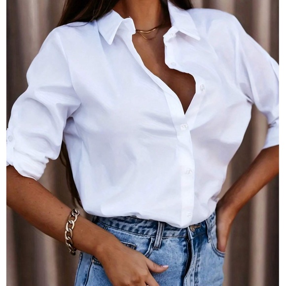 Classic button Down poplin Boyfriend Rolled Sleeve shirt - Picture 8 of 10